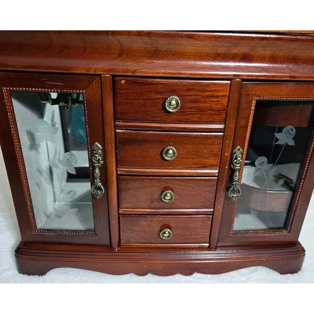 Armoire Jewelry Box With Double Doors and Mirrored Flip Top Vintage